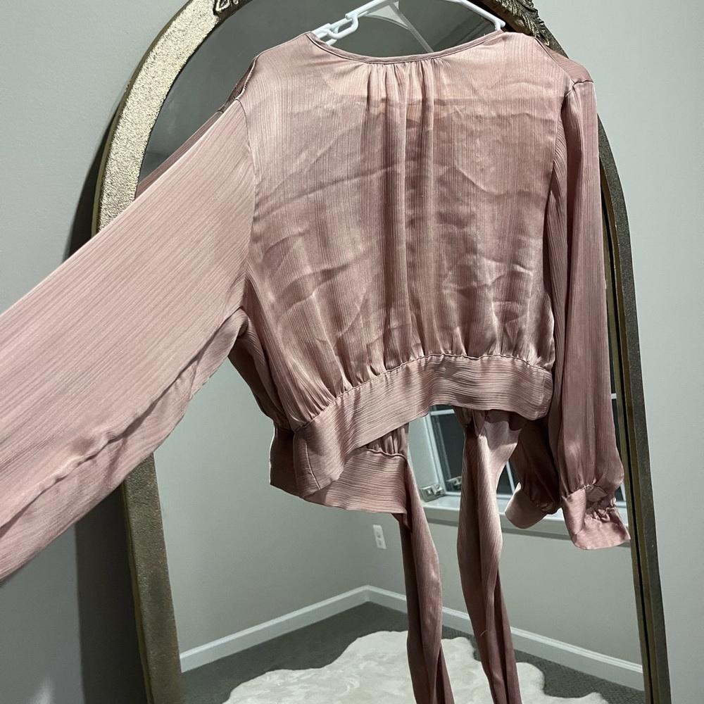 satin pink, long sleeved, tied in the back H&M shirt, size small